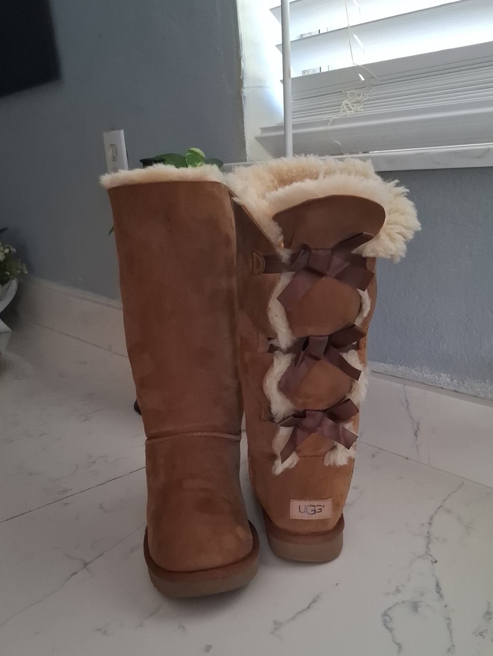 UGG Chestnut Suede Tall Shearling Boots with Back Bows